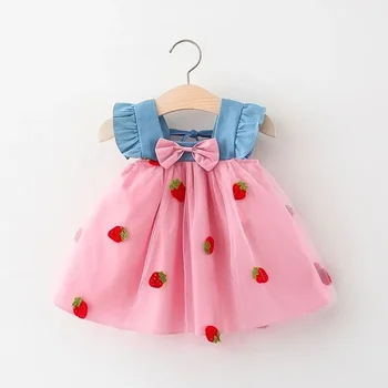 (0-3 Years) Summer New Girls Dress Small Flying Sleeve Bow A-child Dress Embroidered Strawberry Cool Princess Dress 1