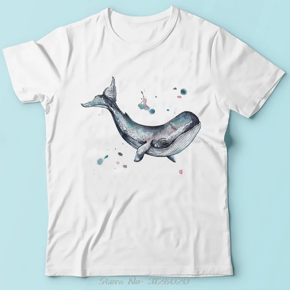 Summer Watercolor Whale Graphic Unisex T-Shirt - White Short Sleeve Casual Tee