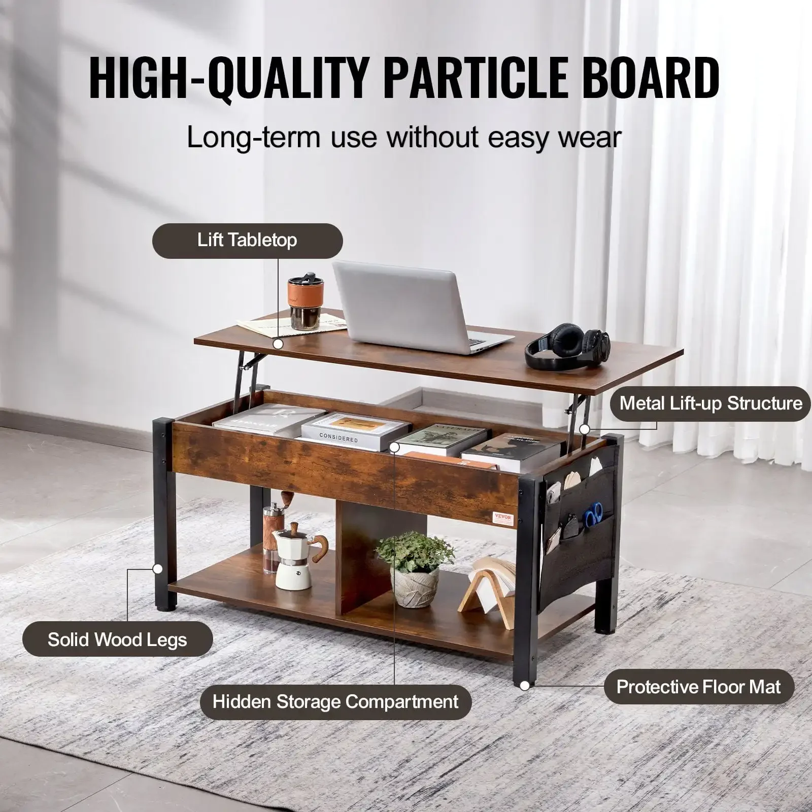 Lift Top Coffee Table 41.7" Rectangle Coffee Table for Living Room Brown 5