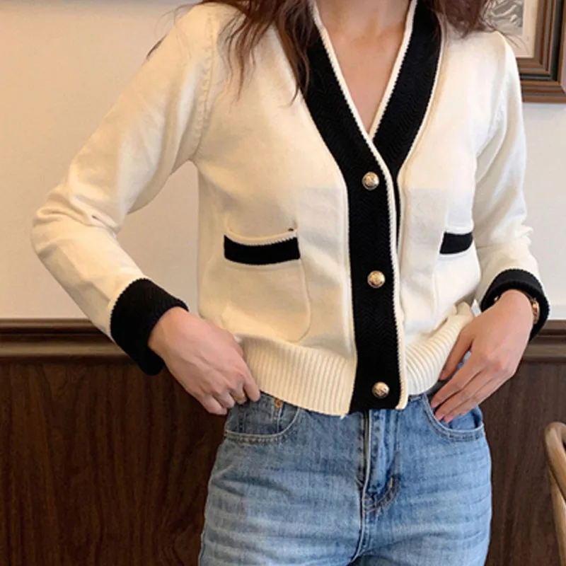 

Long Sleeve Cardigan Knitted Sweater Women Korean Version V-neck Slim Short Sweater Fashion Office-lady Casual Soft Tops 29191
