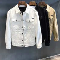 Casual Slim Fit White Denim Jacket Men's Top Korean Trend Casual Workwear Jacket Regular Length Male Fashion Outerwear
