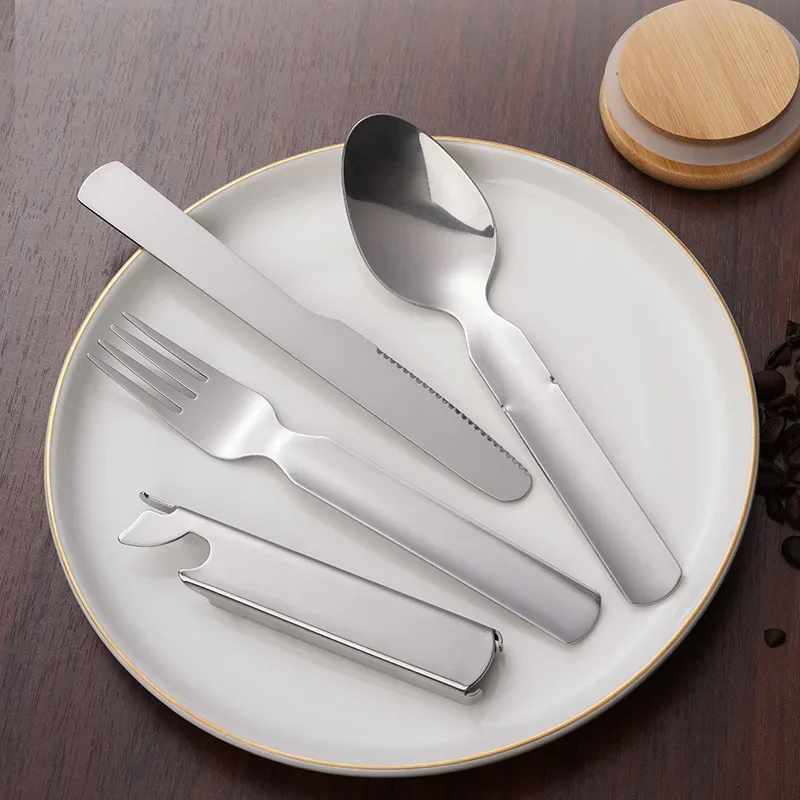 Stainless Steel Dinnerware Sets Spoon Fork Knife Set Bottle Opener Kitchen Outdoor Camping Portable Set