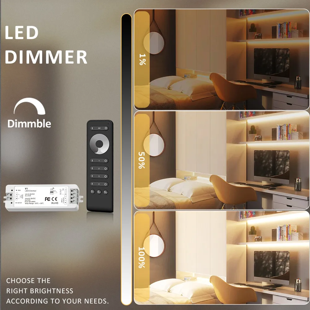 4Zone LED Dimmer 12V 24V 36V Single Color LED Strip Dimming Kit Wireless Wifi 2.4G RF Remote Control Push Switch Smart Dimmer Switch