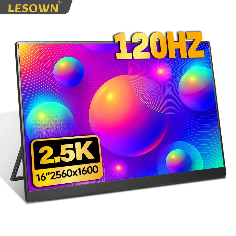 LESOWN 120Hz 2.5K 모니터 11.6, 14, 16 인치 IPS 3840x2160 UHD VESA 게이밍 외부 화면 USB-C 디스플레이, 스피커 플라스틱 쉘 포함