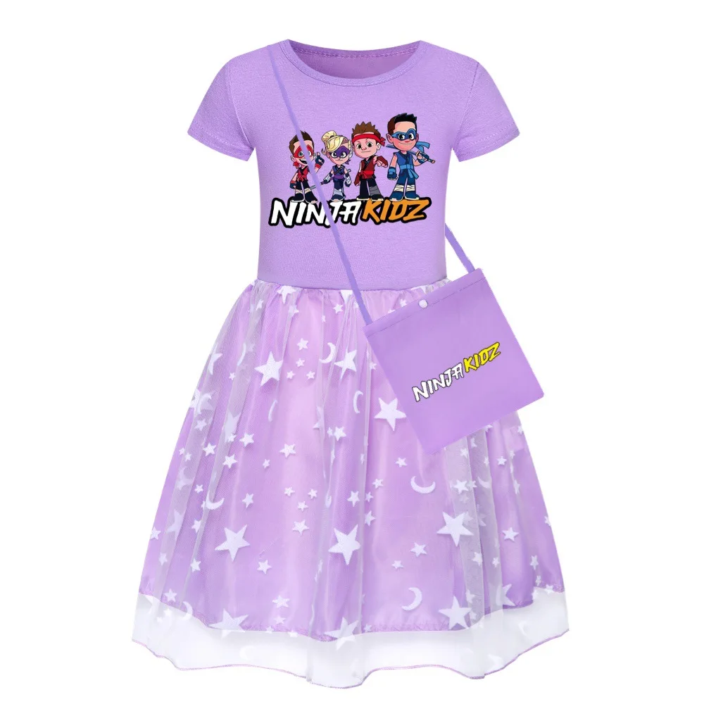 Ninja Kidz Kids Clothes Knee-Length Dresses+ Bag Cute Cotton Gauze Full Dress Teenagers Cartoon Baby Girls Party Clothing