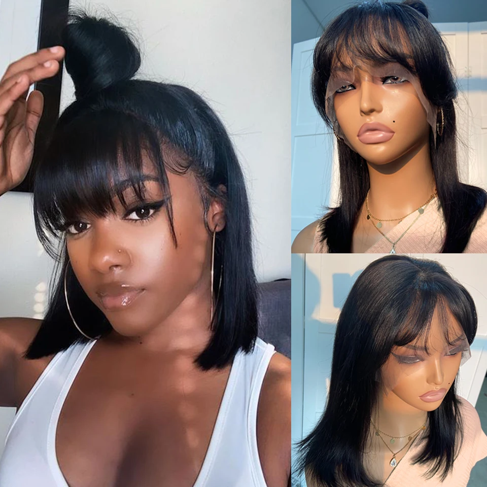 

Short Straight Bob Lace Front Wig With Bangs Peruvian Human Hair Bob Wigs For Women Brazilian Remy Hair Easy Part Lace Bob Wig