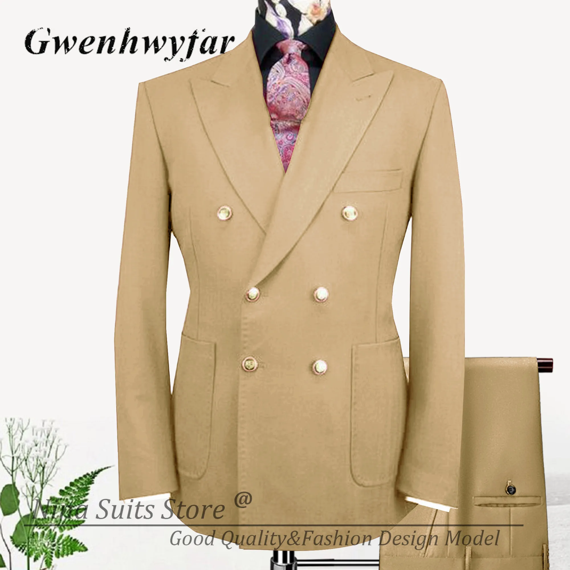 Nina Store Hot Pink Men Suits 2 Pieces Tailor-made Double Breasted Jacket with Gold Button for Wedding Male Party Costume