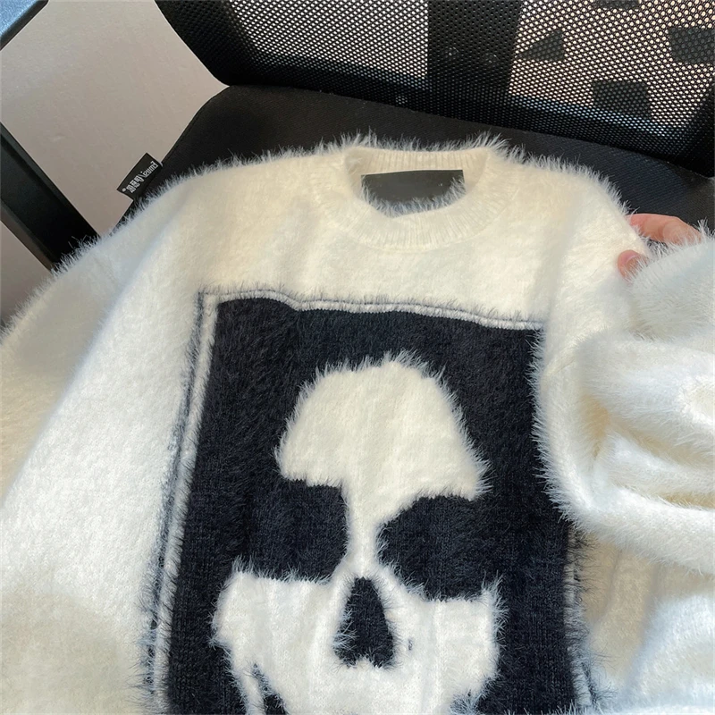 Y2K Winter Skull Head Patchwork Pullover Sweaters for Men - true deals club