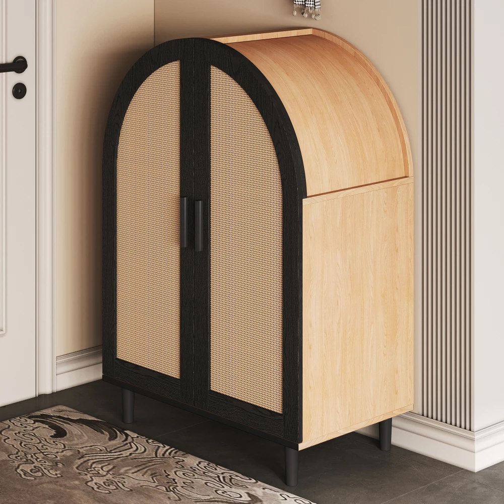 Modernes, elegantes Sideboard/Schuhschrank mit abgerundeten Außentüren, gebrochenen Rattantüren und drei Regalen, geeignet für das Wohnzimmer zu Hause – Detail 3
