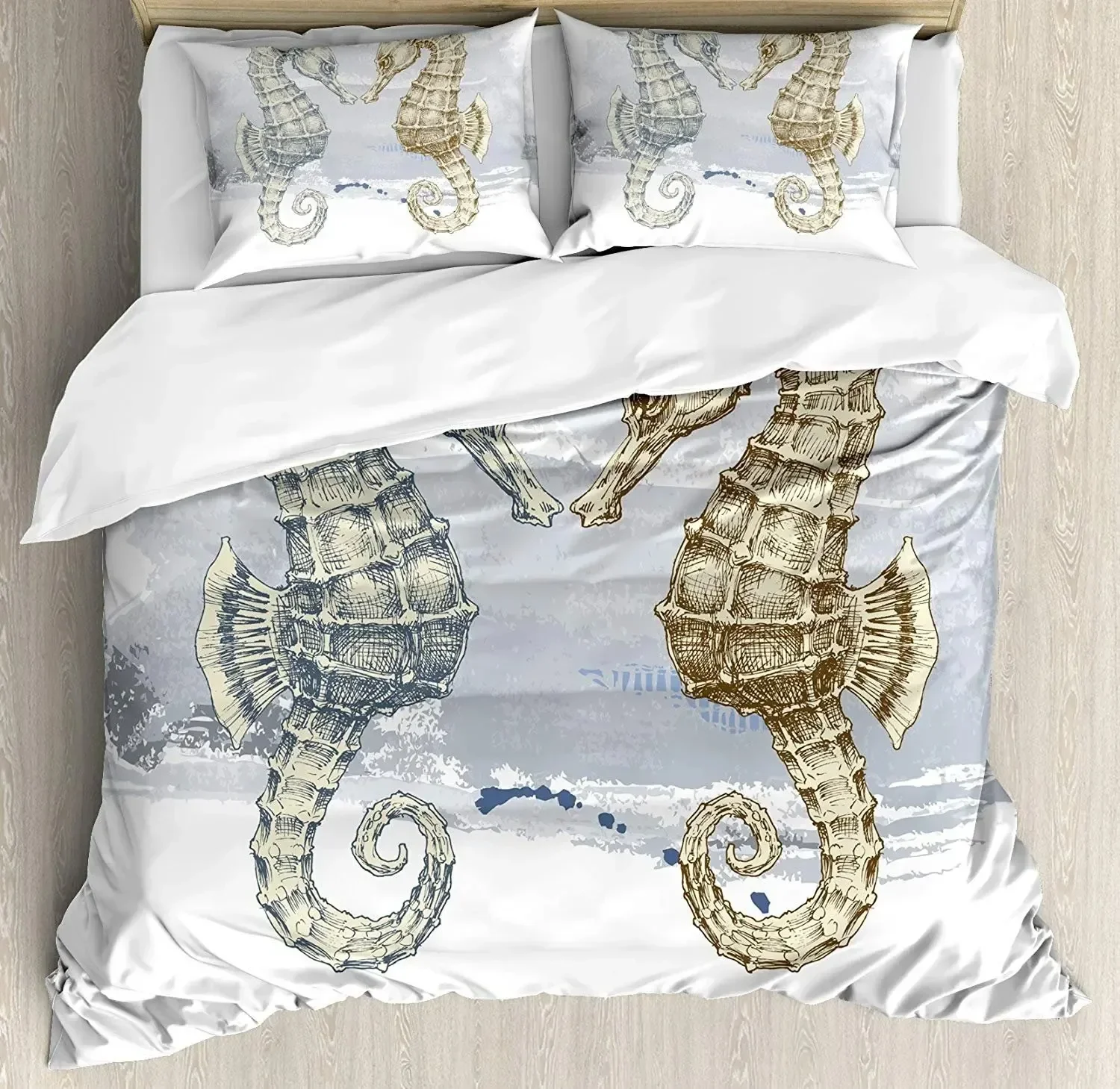 Sea Horse Bedding Set Ocean Duvet Cover King Queen Size Orange Coral Marine Life Home Textile Sea Urchin Soft Quilt Cover 3