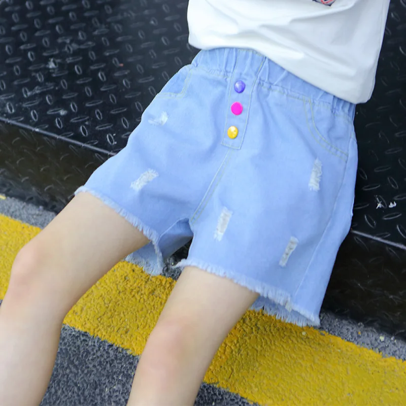 

New Arrivals Girls Shorts With Rainbow Button Ripped Hole Korean Style Cotton Kids Clothes School Casual Destroyed Denim Shorts