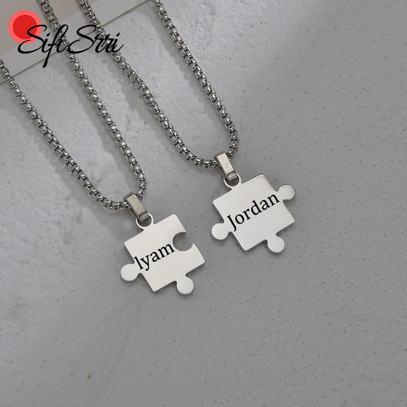 

Sifisrri Engrave Name Date Double Puzzle Love Pendant Necklace for Women Men Couple Stainless Steel Valentine's Day Jewelry Gift