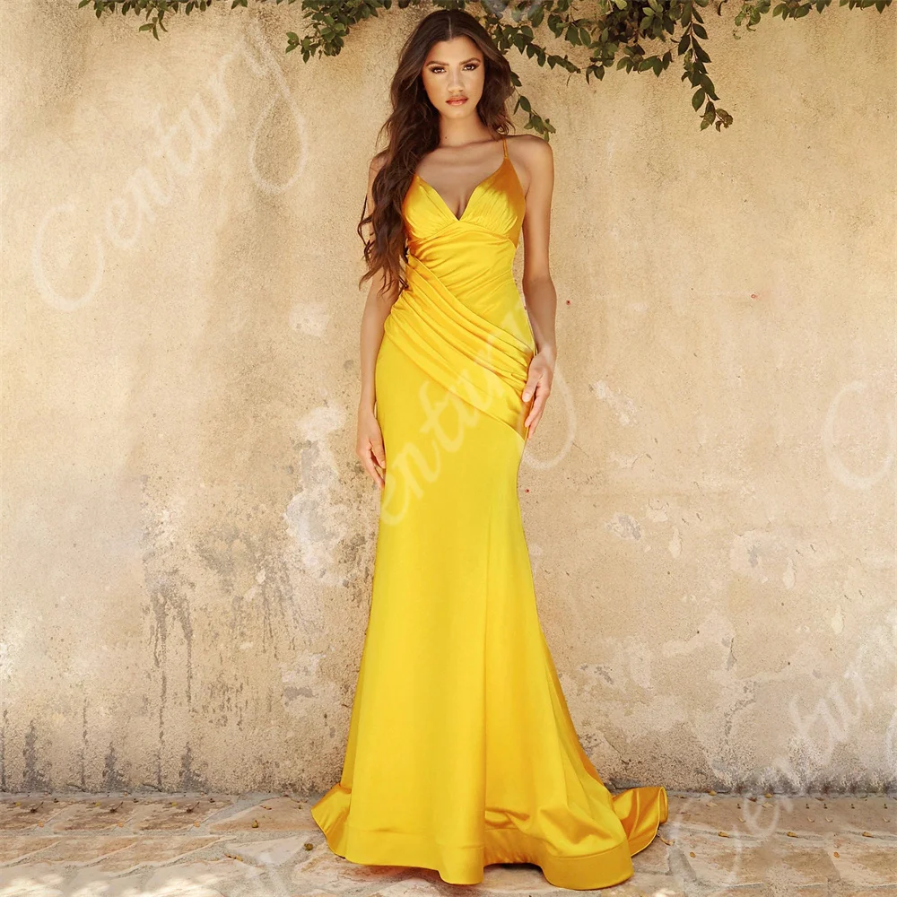 Sexy V Neck Evening Dresses Satin Floor-length Gorgeous Prom Dresses Mermaid Formal Occasion Wedding Party Gown Robe Soiree