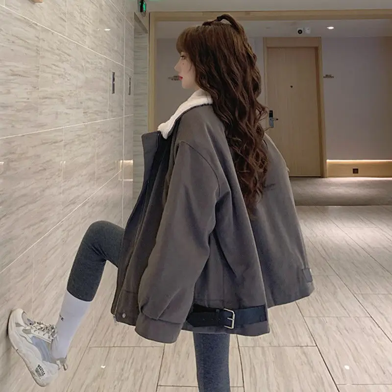 Korean Fashion Retro Jacket 2023 Winter New Cotton Dress Lamb Fleece Women's Solid Color Plush Thickened Loose Coat Trend