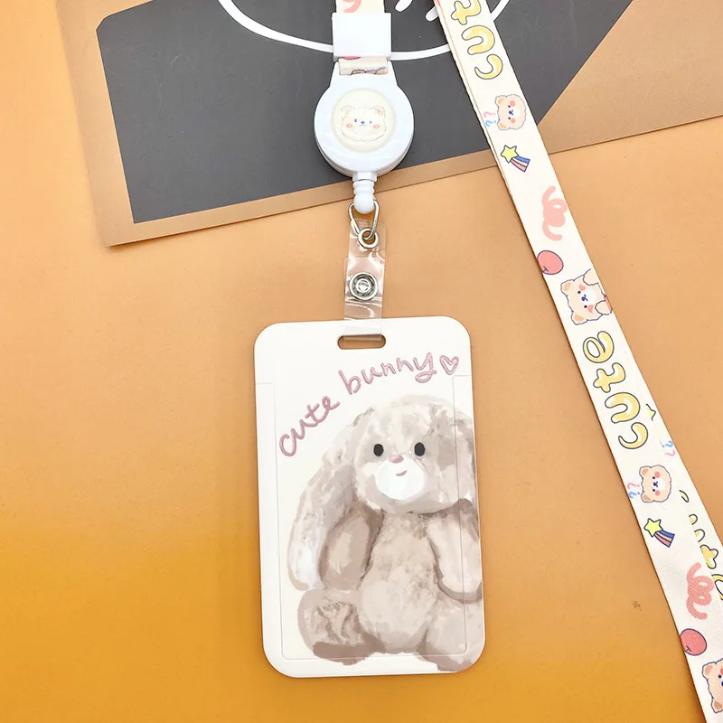 Cute ID Card Holder Lovely Cartoon Bear Sheep Bunny Badge Reel Lanyard Card  Sleeve Kawaii Student Kpop Idol Photocard Organizer - AliExpress