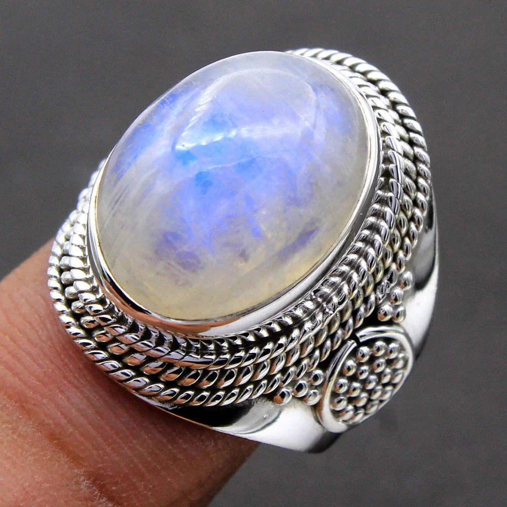 Silver Rings Silver Ring Gemstone Ring Natural Moonstone Ring Lady S925 Sterling Silver Jewelry Retro Party Ring 10x14MM Large Ellipse Gem Gift