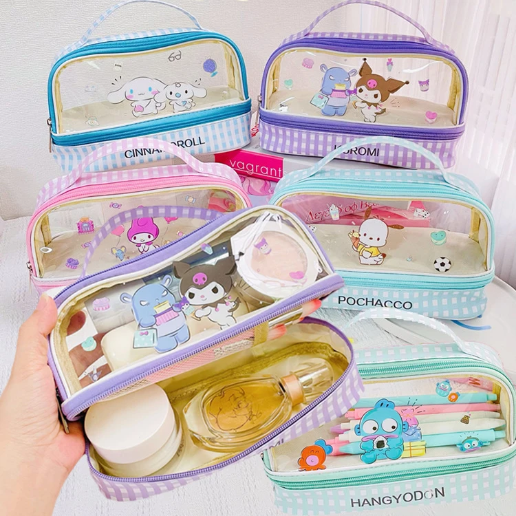 

Sanrios Cinnamoroll Kuromi Mymelody kawaii Cartoon Double-layer Cosmetic Bag PVC PU Pencil case Travel MakeUp Organizer Storage