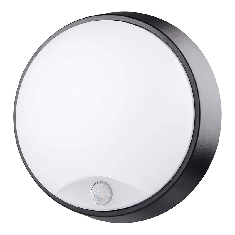 

10W LED Wall Ceiling Mounted Round Circular Bulkhead Light Fitting with Motion Sensor PIR for Indoor,Garden,Black 4000K