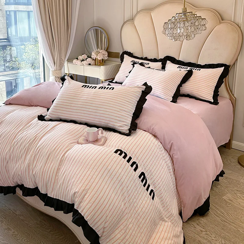 Ruffles Striped Bedding Bed Sheet Duvet Cover Fitted Full Bedspreads Sets AB Double-sided Skin-friendly Summer Bedroom Linens