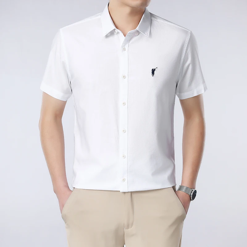 Solid Color Cotton Embroidered Small Horse Logo Shirt, Men's Short Sleeved Casual Versatile High-end Spring and Autumn Shirt