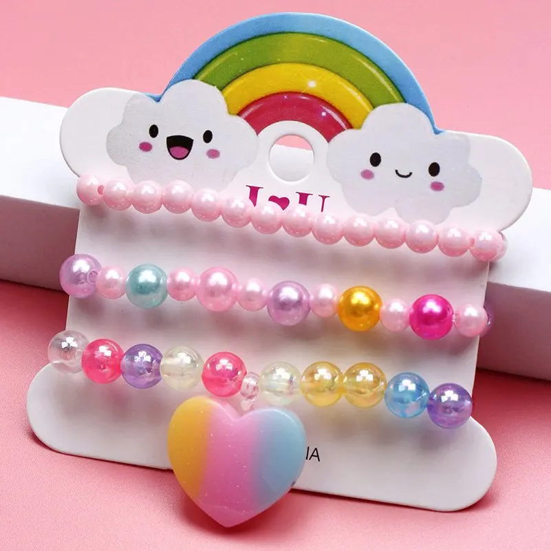 Cute children's cartoon bracelets 3pcs/set princess beads unicorn fruit cat girls jewelry charm gifts