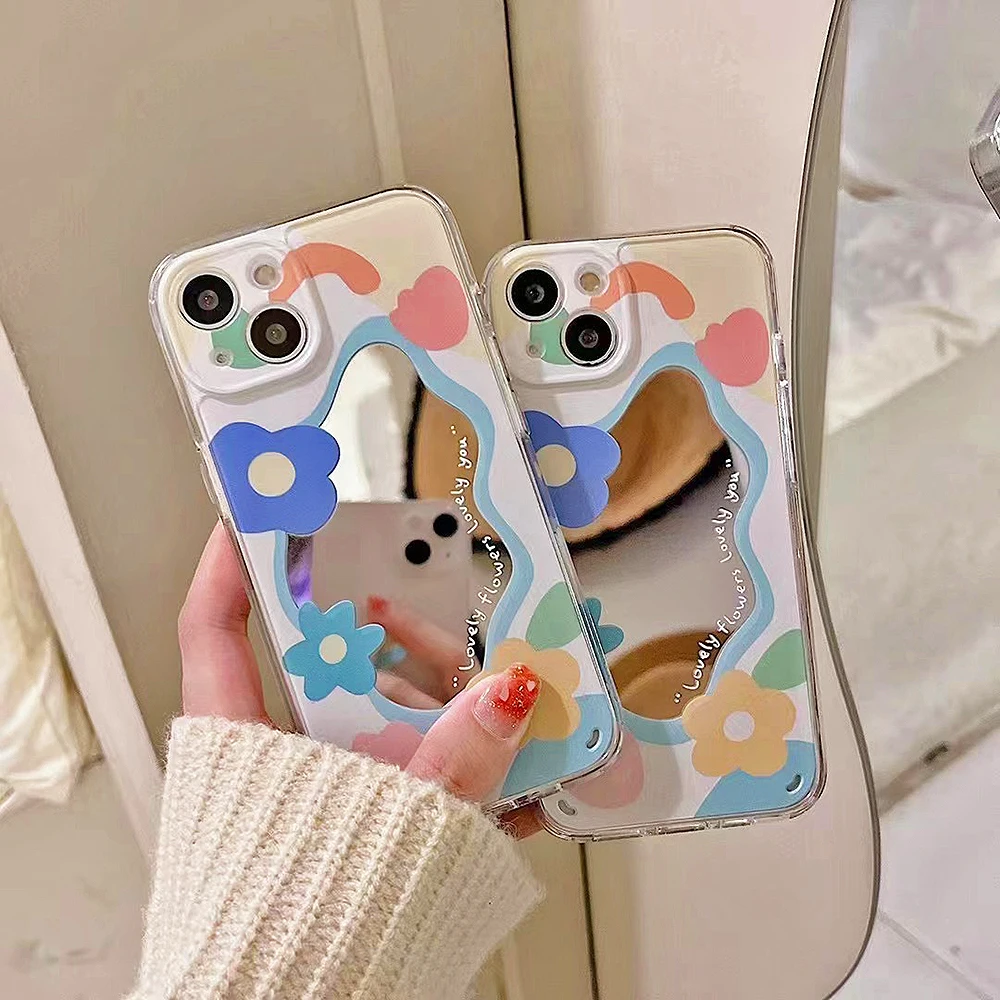 

Summer INS Fresh Flowers Mirror Face Phone Case For iPhone 15 14 11 12 13 Pro Plus Max X XR XS 7 8 Plus Shockproof Protect Cover