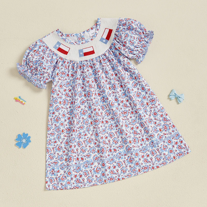 Girls Short Sleeve Crew Neck Floral Print Summer Dress Embroidered Casual Dress for Kids Cute Flower Patterned Clothing 5