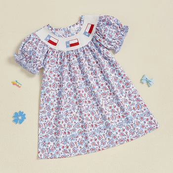 Girls Short Sleeve Crew Neck Floral Print Summer Dress Embroidered Casual Dress for Kids Cute Flower Patterned Clothing 5