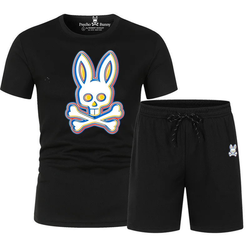 

2023 Summer Psycho Bunny brand men's t-shirt summer fashion short sleeved shorts set of youth sports suit