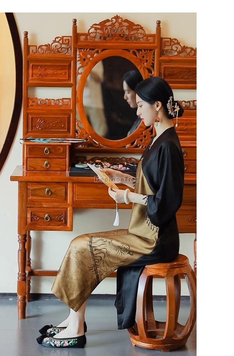 ethnic style brocade printing vintage robe new chinese style literature art temperament dress elegant lady daily clothing