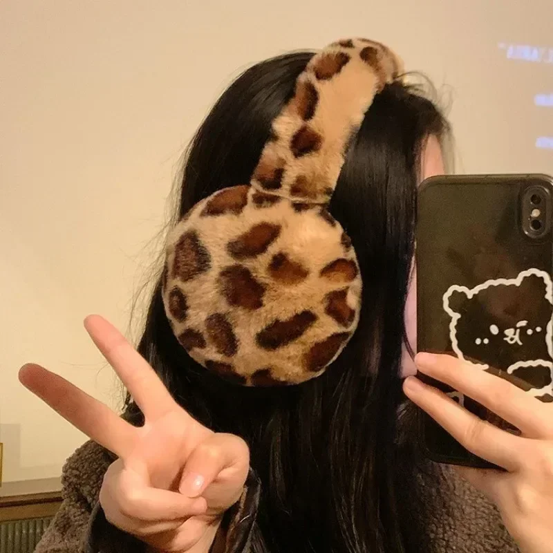 Women Fur Leopard Earmuffs Winter Thickened Warm Y2k Japanese JK Ear Cover Protection Cycling Earbags Y2k Accessories