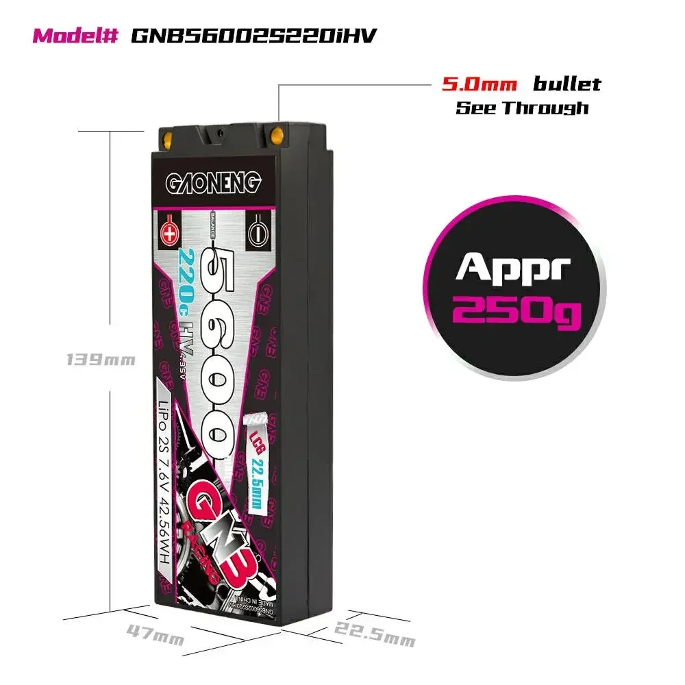 GAONENG GNB 5600mAh 2S1P 7.6V 220C LIHV Hardcase LCG LiPo Battery See Through 5.0mm T XT60 EC5 Plug For 1:10 RC Car Boat Parts 2