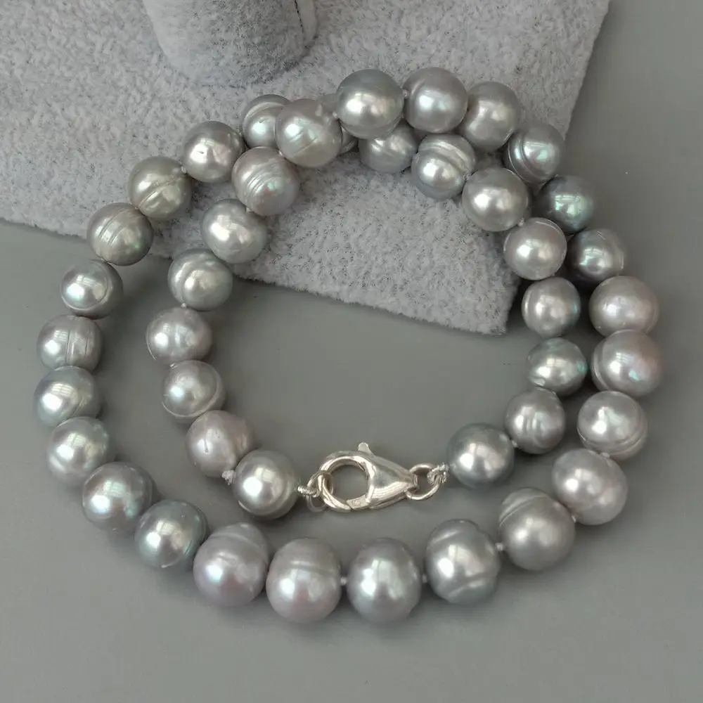 

natural 10-11mm Cultured Silver Gray Potato Pearl Necklace 17" 925 Silver Clasp