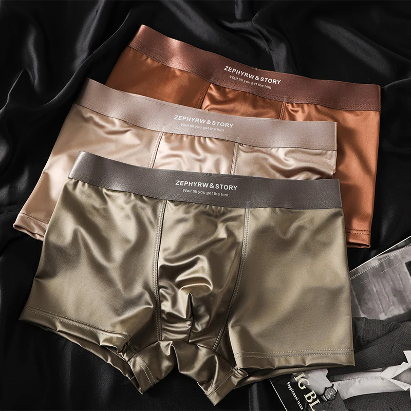 Luxury Ice Silk Satin-like Men's Boxershort Panties 3D Double-layer Crotch Breathable Comfortable Cool Underpants Man Underwear