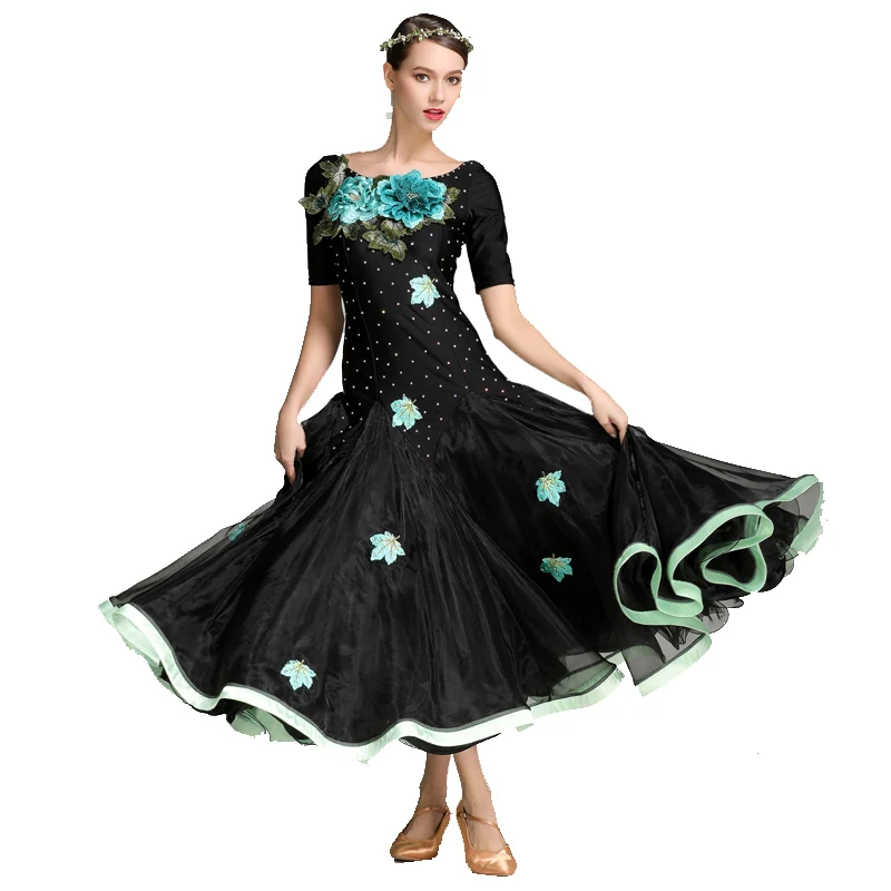 

Waltz light green Contrast Color Group Embroidered Peony Modern Dance Dress dress Tango Foxtrot Ballroom Dress