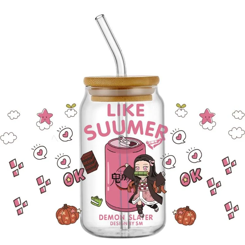 cartoon Demon Slayer 16OZ UV DTF Cup Wrap Transfer Stickers Labels christmas DIY Waterproof For Libbey Glass Can