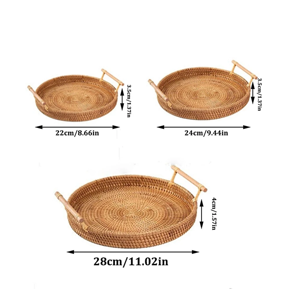 1PC Rattan Strap Handle Storage Basket Bread Snack Fruit Round Round Tray Picnic Woven Storage Basket 6