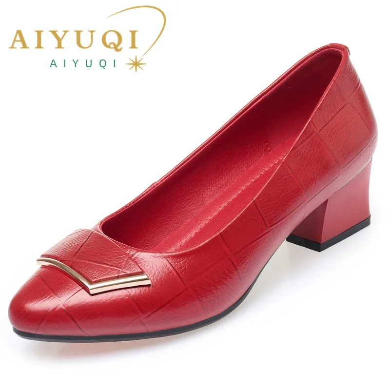 AIYUQI Dress Shoes Women Genuine Leather Large Size 41 42 Mid Heel