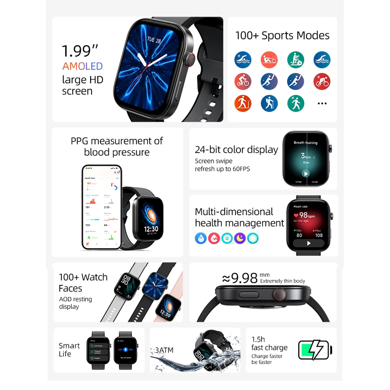 AMOLED Ʈ ġ  2024 PPG HRV ƮϽ ƮĿ Ʈġ,  ȭ, 3ATM , ȵ̵ IOS, 1.99 ġ, ǰ
