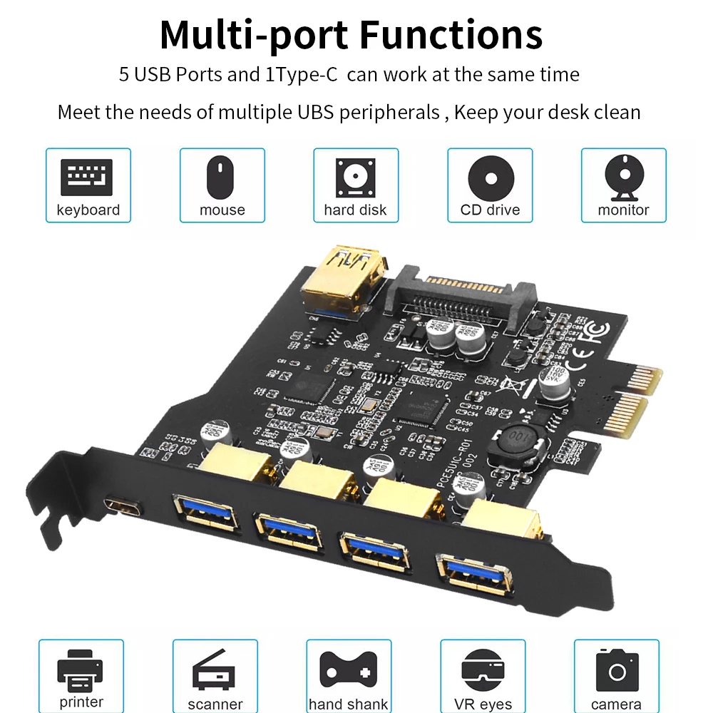 PCIe Expansion Card USB 3.2 PCIE 1X To USB 3.2 19in TYPE-C Gen1 Adapter Multiplier USB3.2 PCI E Controller 5Gbps