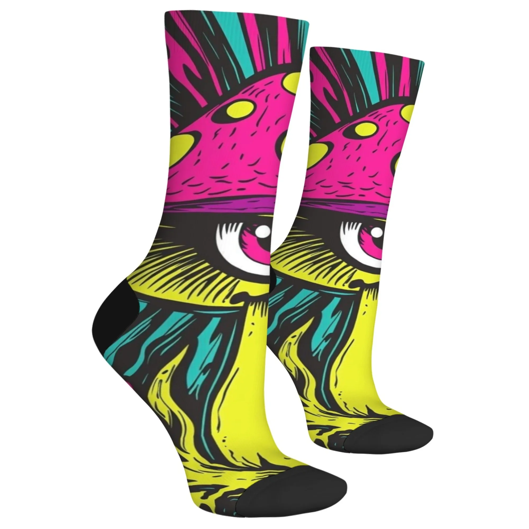 Cartoon-Graffiti-Einäugiger Pilzsocken, bunte, skurrile Pilze mit großen Schutzbrille, Neongelb, für verspielte, lässige Mode – Detail 9