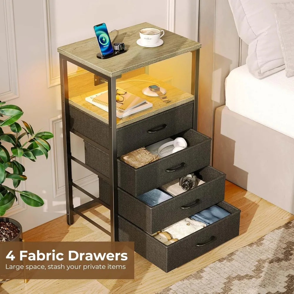 Nightstand with Charging Station, Bedside Table with LED Lights, Side Table with Fabric Drawers, Tier Storage Night Stand Table 5
