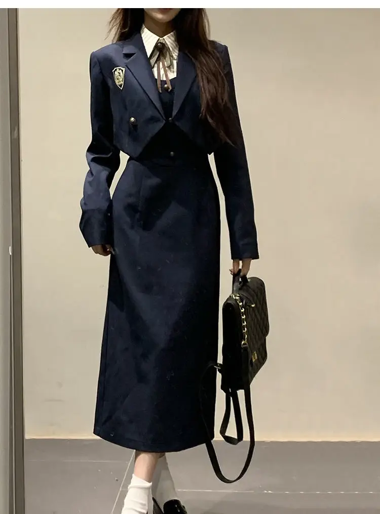 

UNXX American College Style Slim Suspender Women's Dress Long Skirt, Long Sleeve Shirt and Short Suit Jacket Three-piece Set