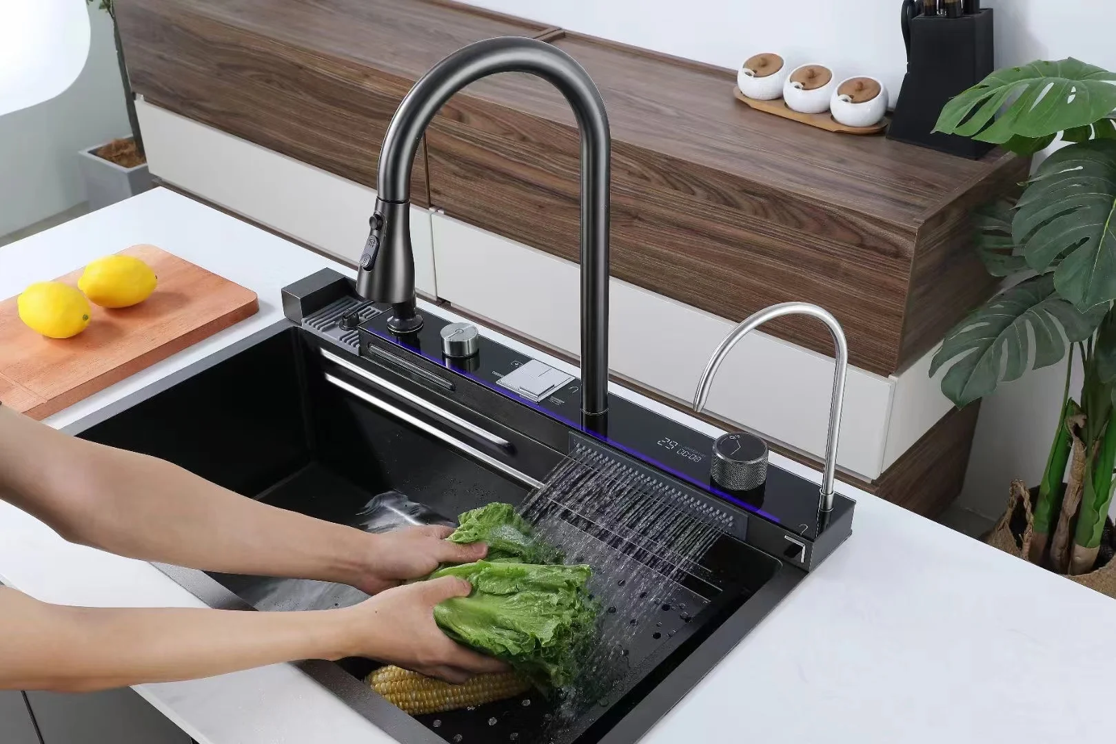 JDOOR Popular Large Single Multifunction Sink Anti-Scratch LED Digital Display Waterfall Kitchen Sink 6