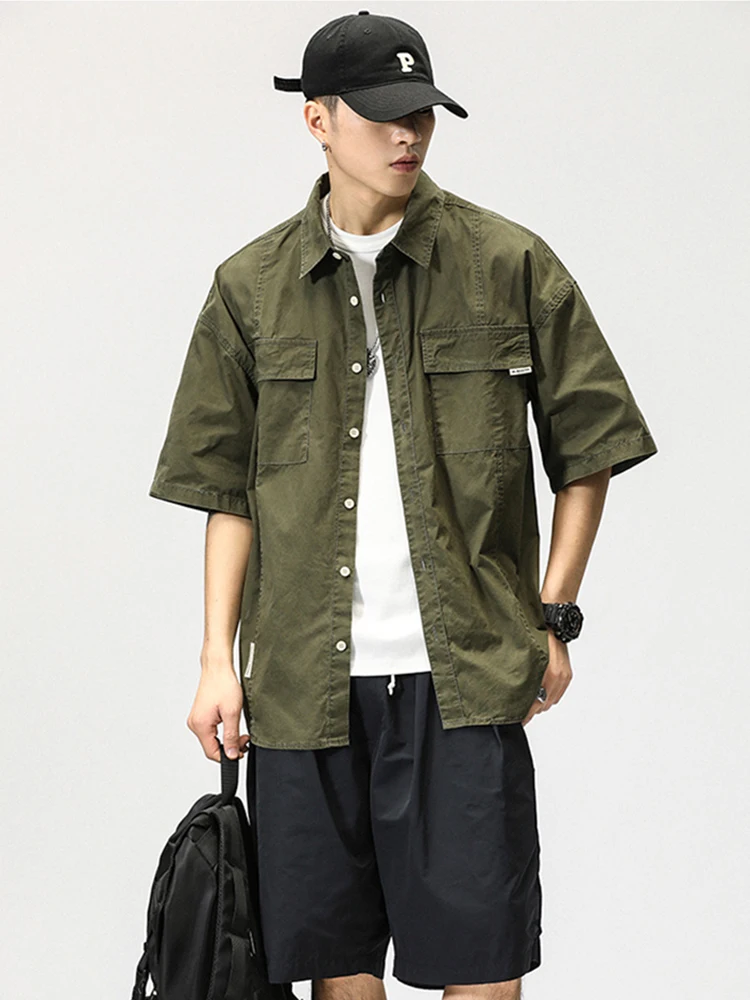 thumbnail image 1 of Camisa de manga corta con botones y bolsillos para hombre, estilo japonés, estilo cárdigan informal, a la moda, para verano, 1 of 5