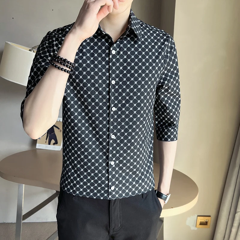 con estampado de marca para hombre, camisa informal de manga 2022, ropa de calle Social, blusa de esmoquin para fiesta de negocios, verano 3/4 -