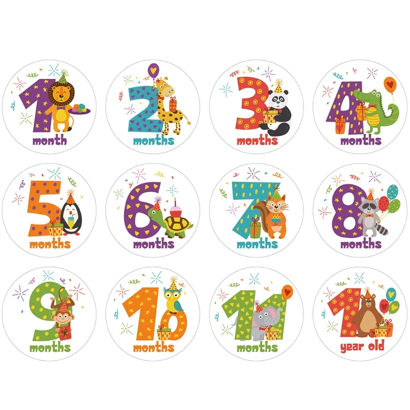 

12 Pcs/Set Cartoon Animal Baby Monthly Stickers Photography Commemorative Card