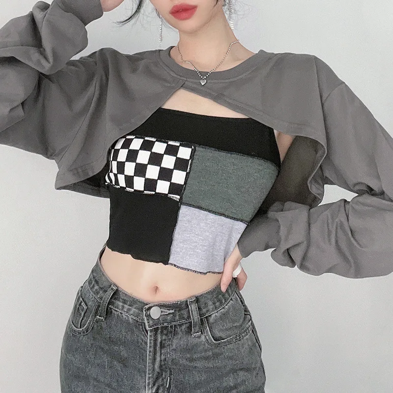 

Vintage Slim 2Pcs Set Plaid Stitching Cross Tank Top Set Women 2021 Sexy Lace Up Irregular Long Sleeve Blouse Two-piece Suit