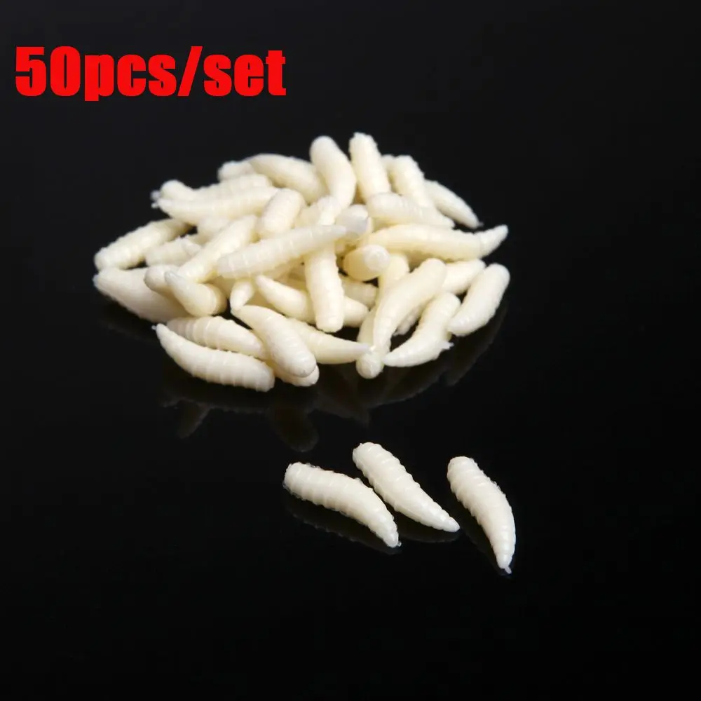 50Pcs 1.6cm PVC Maggot Grub Soft Baits Worms Ivory Fishing Lure
