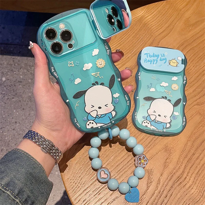 Sanrio Pochacco Flip Mirror Stand Wavy Phone Cases For iPhone 14 13 12
